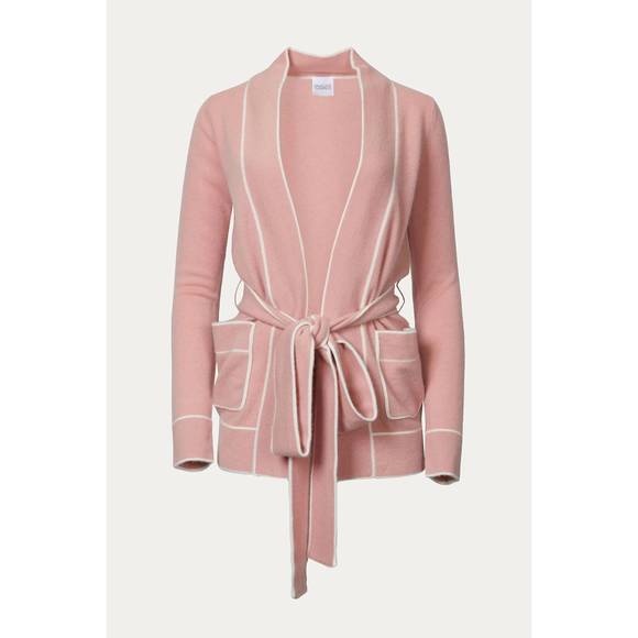 NEW MADELEINE THOMPSON diableret belted cashmere cardigan in dusty pink/cream - Picture 2 of 2